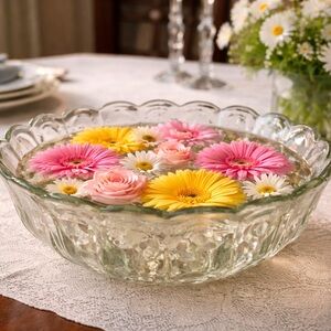 Vintage Pressed Glass Scalloped Bowl. Daisy Starburst Base Pattern.